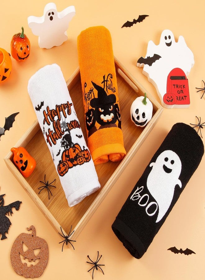 Quera 3 Pack Halloween Hand Towels Ghost Pumpkin Embroidered Premium Luxury Decor Bathroom Decorative Dish Towels Set for Drying, Cleaning, Cooking, Holiday Towels Gift Set （Trick or Treat） (Black) - Image 3