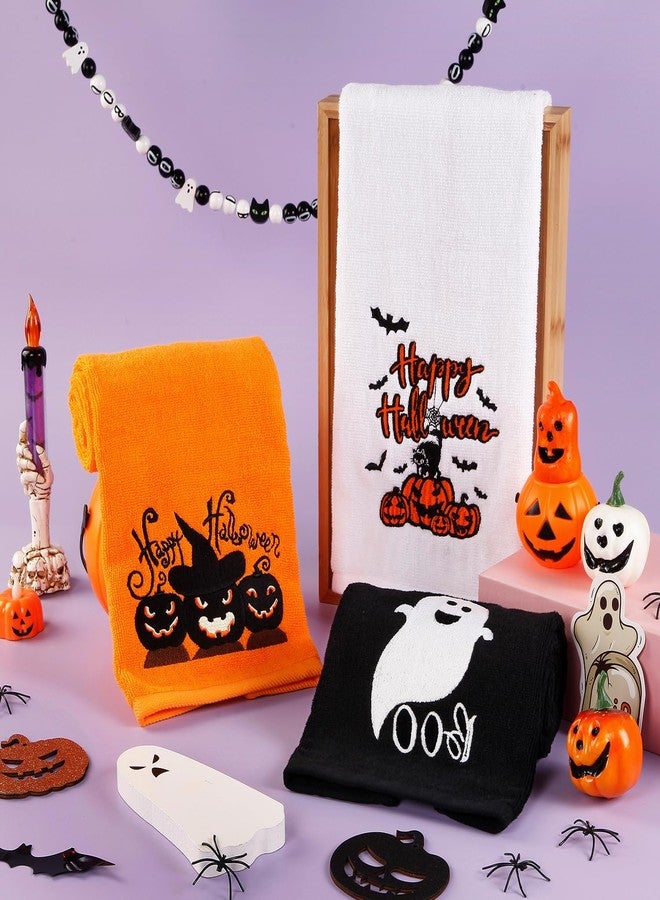Quera 3 Pack Halloween Hand Towels Ghost Pumpkin Embroidered Premium Luxury Decor Bathroom Decorative Dish Towels Set for Drying, Cleaning, Cooking, Holiday Towels Gift Set （Trick or Treat） (Black) - Image 4