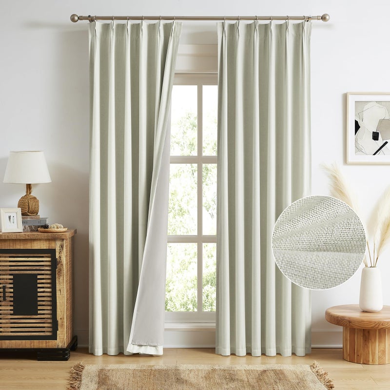 MAIHER 108 Inches Long Full Blackout Pinch Pleated Curtains, Thermal Insulated Double Linen Pleated Drapes with Hooks Back Tab for Bedroom Living Room, 40" W x 108" L, 2 Panels - Image 1