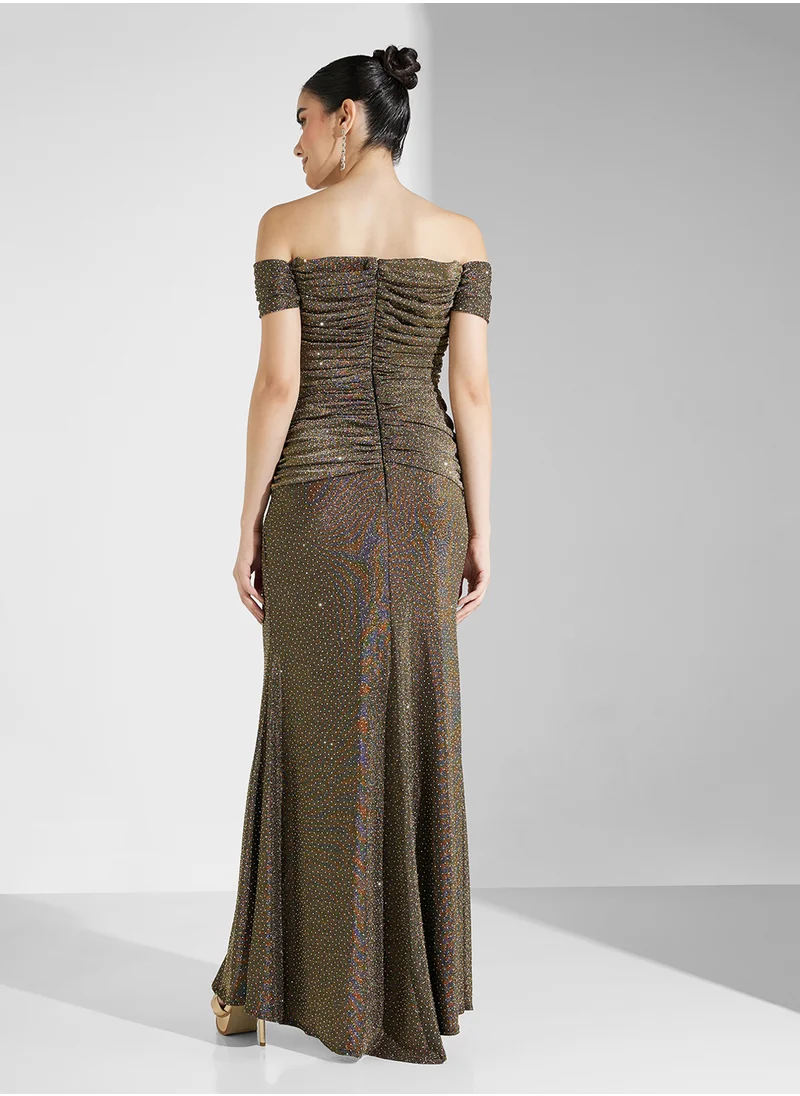 Namshi x Ruched Metallic Bodycon Gown In Golden