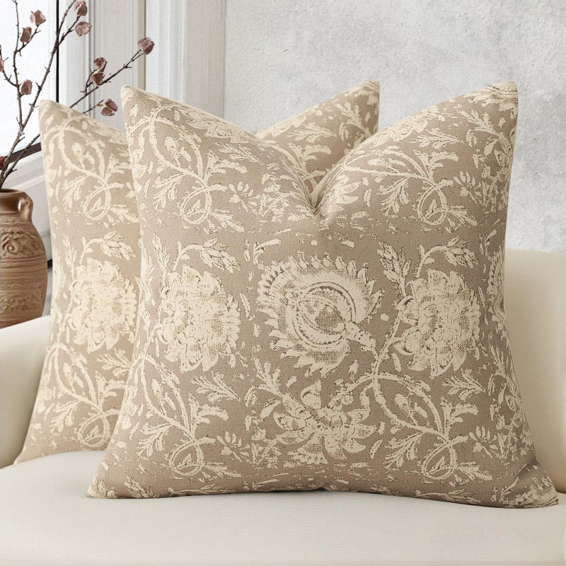 DKwizme Vintage Floral Print Throw Pillow Covers 18x18 Set of 2 Neutral Modern Farmhouse Pillowcases Accent Decorative Cushion Covers Boho Home Decor for Couch Sofa Chair Bed Living Room, Latte - Image 1