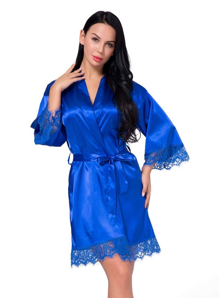 MARGOUN Women Satin Robe Belted Silky Robe Sleepwear Bridal Robe Kimono Lace Sleeve Nightgown Blue  - Image 3