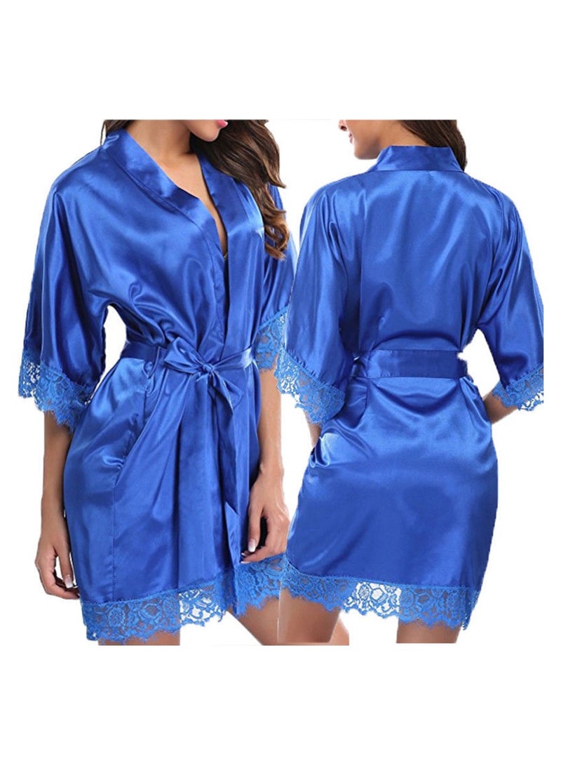 MARGOUN Women Satin Robe Belted Silky Robe Sleepwear Bridal Robe Kimono Lace Sleeve Nightgown Blue  - Image 4