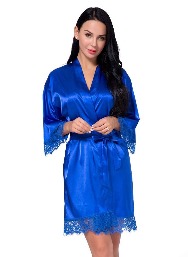 MARGOUN Women Satin Robe Belted Silky Robe Sleepwear Bridal Robe Kimono Lace Sleeve Nightgown Blue  - Image 5