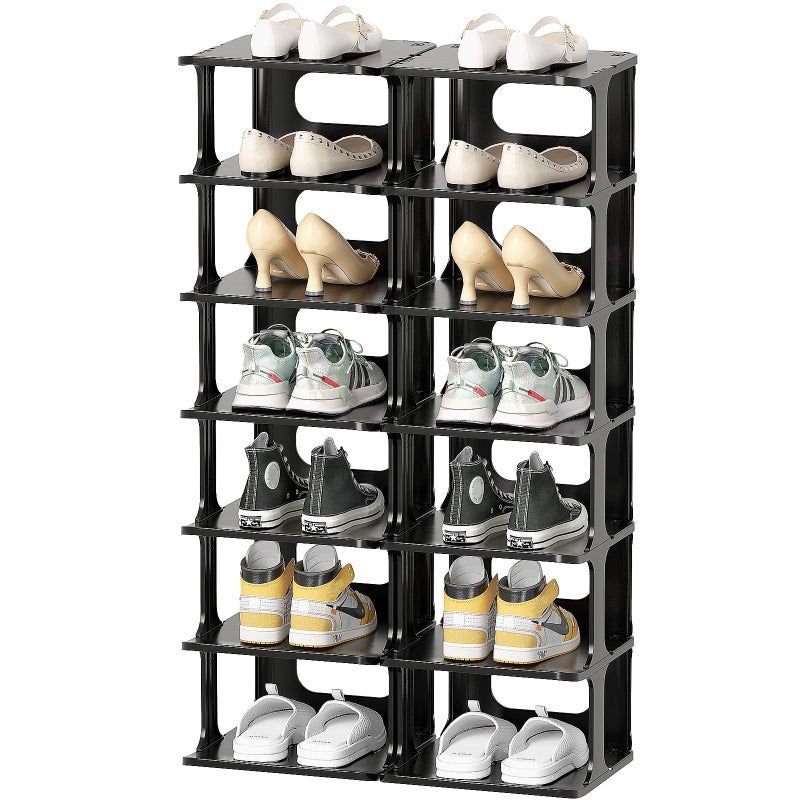 14 Tier Vertical Black Shoe Rack for Front Door Entrance  Tall Shoe Organizer for Small Spaces Closet Narrow Small Shoe Shelf Cabinet Free Standing Racks Holder Stand
