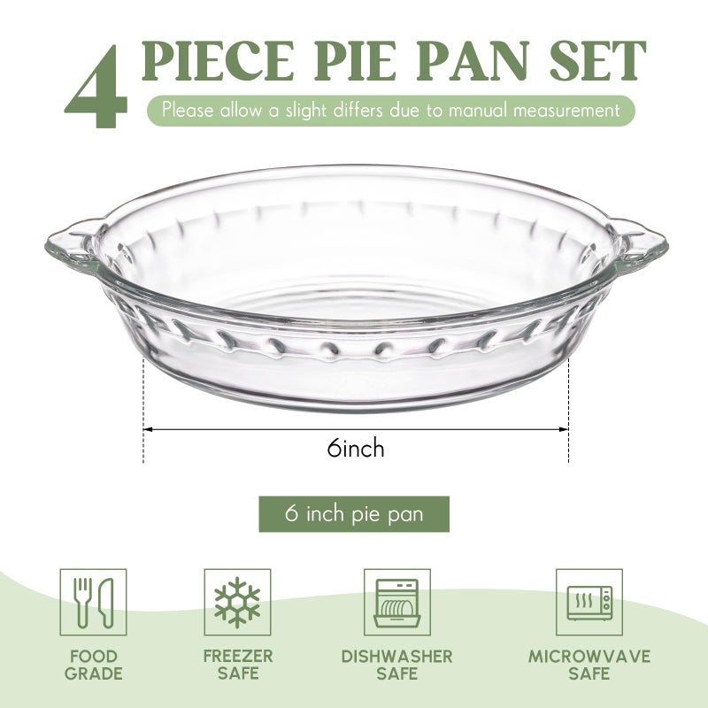 Uiifan 4 Pack 6 Inches Mini Glass Pie Pan for Baking 11.6 oz Clear Pie Plate with Handles Round Glass Dish for Baking and Serving, Snacks, Salads, Desserts - Image 2