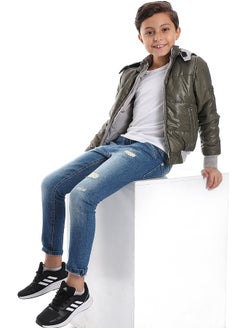 Andora Zipper Closure Double Face Printed & Waterproof Boys Jacket _ Olive Green & Light Grey  - Image 1