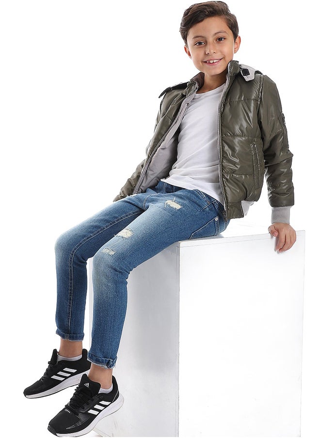 Andora Zipper Closure Double Face Printed & Waterproof Boys Jacket _ Olive Green & Light Grey  - Image 1