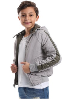Andora Zipper Closure Double Face Printed & Waterproof Boys Jacket _ Olive Green & Light Grey  - Image 4