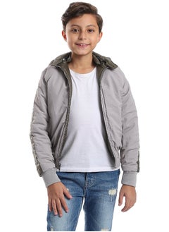Andora Zipper Closure Double Face Printed & Waterproof Boys Jacket _ Olive Green & Light Grey  - Image 5