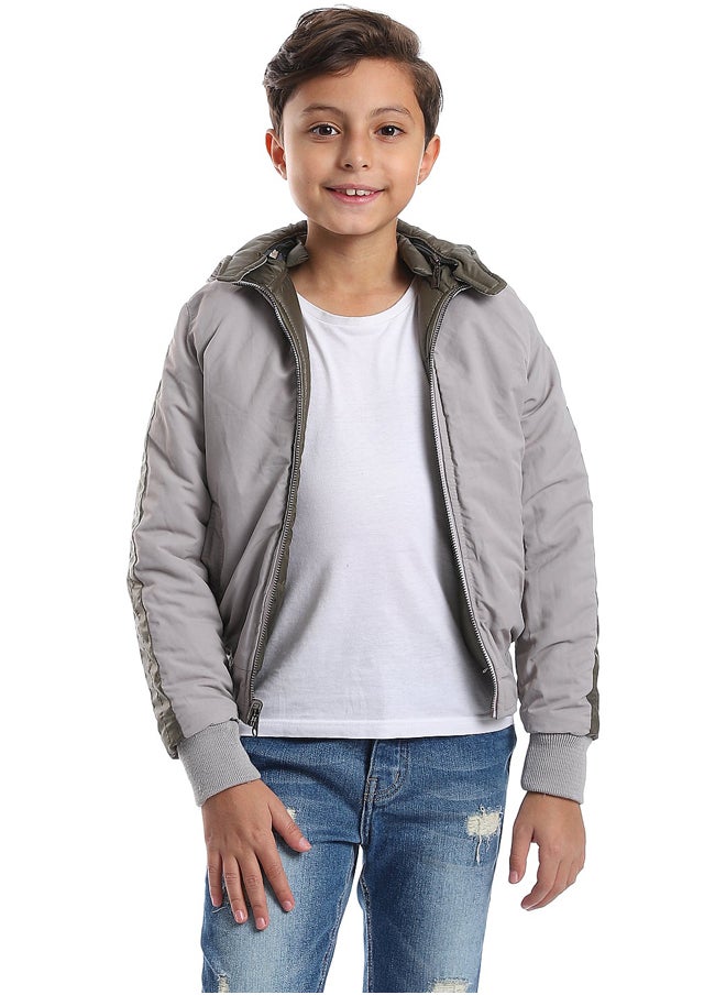 Andora Zipper Closure Double Face Printed & Waterproof Boys Jacket _ Olive Green & Light Grey  - Image 5
