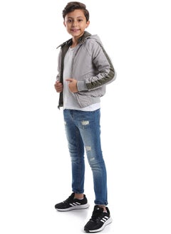 Andora Zipper Closure Double Face Printed & Waterproof Boys Jacket _ Olive Green & Light Grey  - Image 2