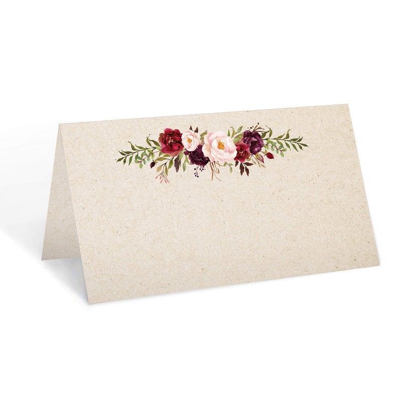321 دن 321DONE FLORAL PLACE CARDS 3.5 × 2 مصنوعة في الولايات المتحدة الأمريكية - فارغة لاسم طاولة الطعام إعداد حفل عشاء حفل زفاف بوفيه خيمة على غرار الورود الأحمر كرافت تان - مجموعة من 50 - Image 1