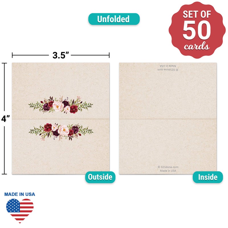 321 دن 321DONE FLORAL PLACE CARDS 3.5 × 2 مصنوعة في الولايات المتحدة الأمريكية - فارغة لاسم طاولة الطعام إعداد حفل عشاء حفل زفاف بوفيه خيمة على غرار الورود الأحمر كرافت تان - مجموعة من 50 - Image 2