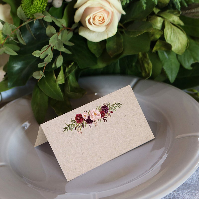 321 دن 321DONE FLORAL PLACE CARDS 3.5 × 2 مصنوعة في الولايات المتحدة الأمريكية - فارغة لاسم طاولة الطعام إعداد حفل عشاء حفل زفاف بوفيه خيمة على غرار الورود الأحمر كرافت تان - مجموعة من 50 - Image 3