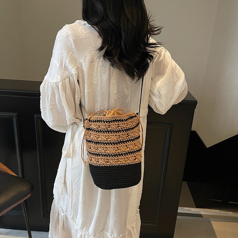 Woven Cotton Bucket Bag Single Shoulder Patchwork Striped Bucket Bag All-Match Holiday Beach Bag Drawstring Crossbody Handbag - Image 1