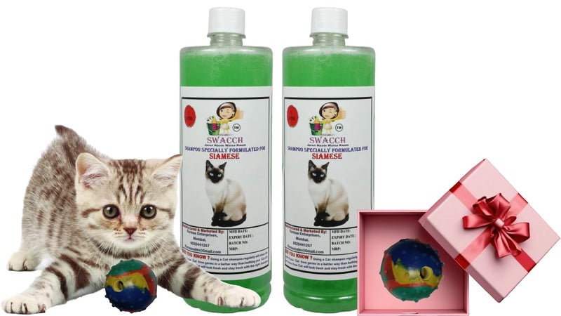 swacch Siamese Cat Shampoo + Rubber Musical Ball I Chew Playing Rubber Ball I Interactive Cat Toy Balls I Training & Play I Combo Pack I 1 Litre Pack of 2 Neem Alovera - Image 1