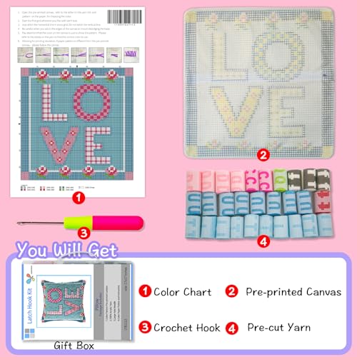 LAPATAIN Latch Hook Kits for DIY Throw Pillow Cover,Love Needlework Cushion Cover Hand Craft Crochet 17x17inch - Image 2