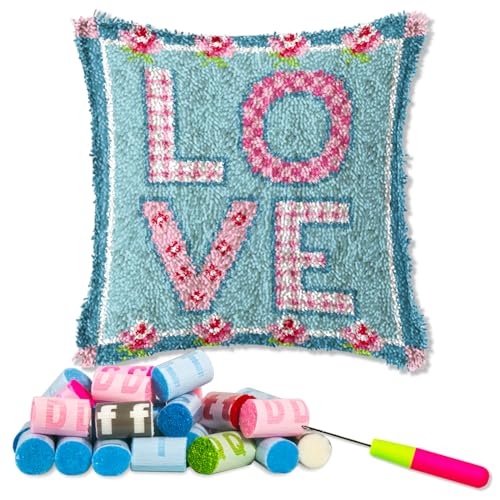 LAPATAIN Latch Hook Kits for DIY Throw Pillow Cover,Love Needlework Cushion Cover Hand Craft Crochet 17x17inch - Image 1