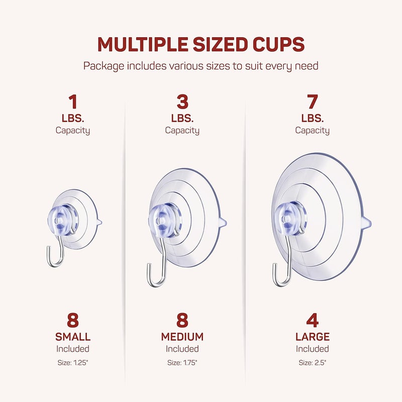 SEWANTA All-Purpose Suction Cup Hooks [20PK Combo Set] Powerful Window Suction Cups with Hooks Use to Hang On Glass, Windows, Doors, Mirrors, Tiles. Set Includes: 4 Large, 8 Medium, 8 Small - Image 4