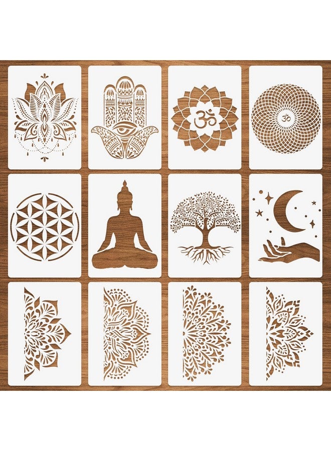 CODOHI 12 Pcs Sacred Geometry Stencils, Hamsa Hand Torus Om Sacred Lotus Moon Mandala Zen Stencils Flower Of Life Yoga Spiritual Stencils Meditation Templates For Painting On Wood Fabric Walls 8.3"X11.7" - Image 1