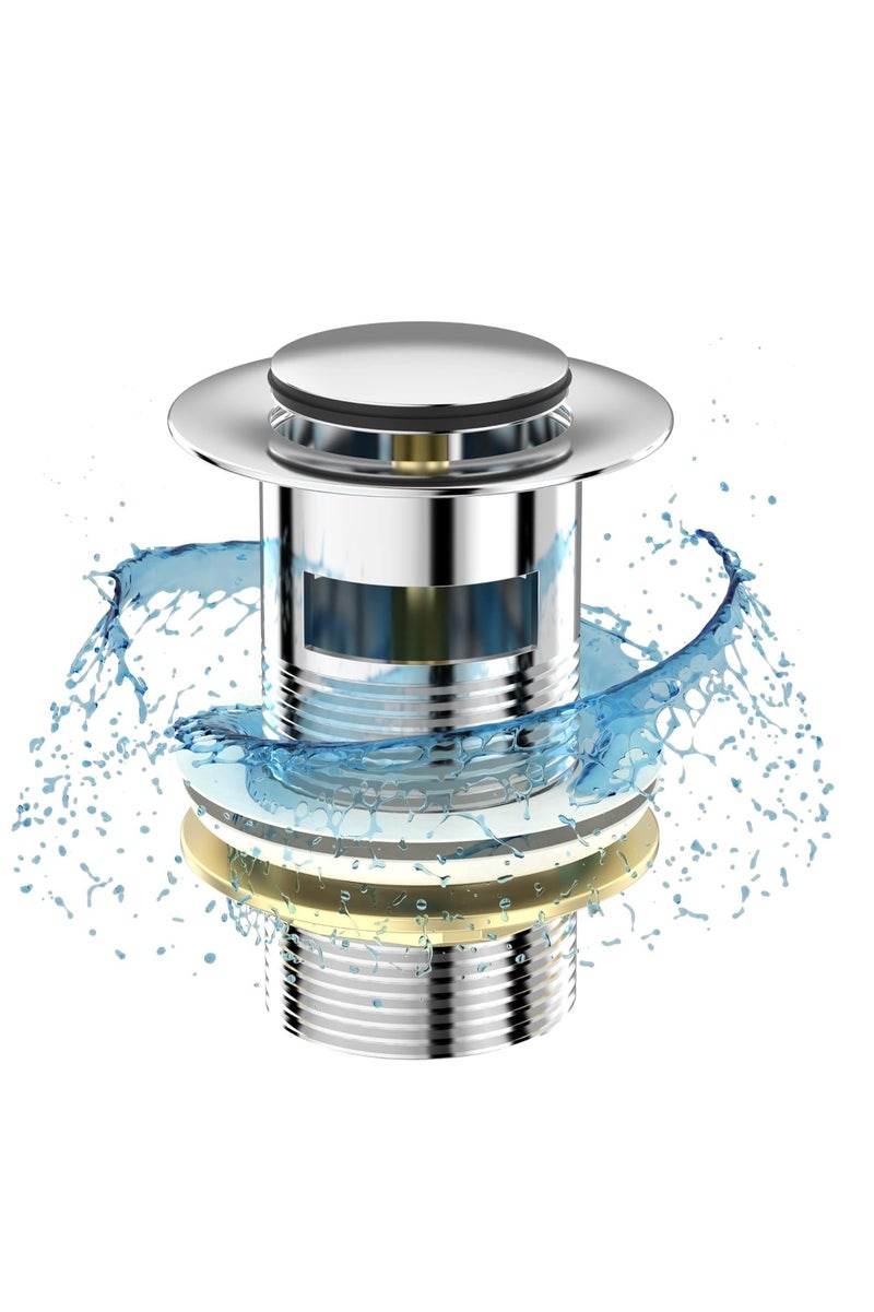 Biella Basin Sink Waste Unslotted Modern Pop Up Click Clack Nickel Plated Sprung Plug, Bathroom Sink Stopper (Chrome Plated) - Image 1