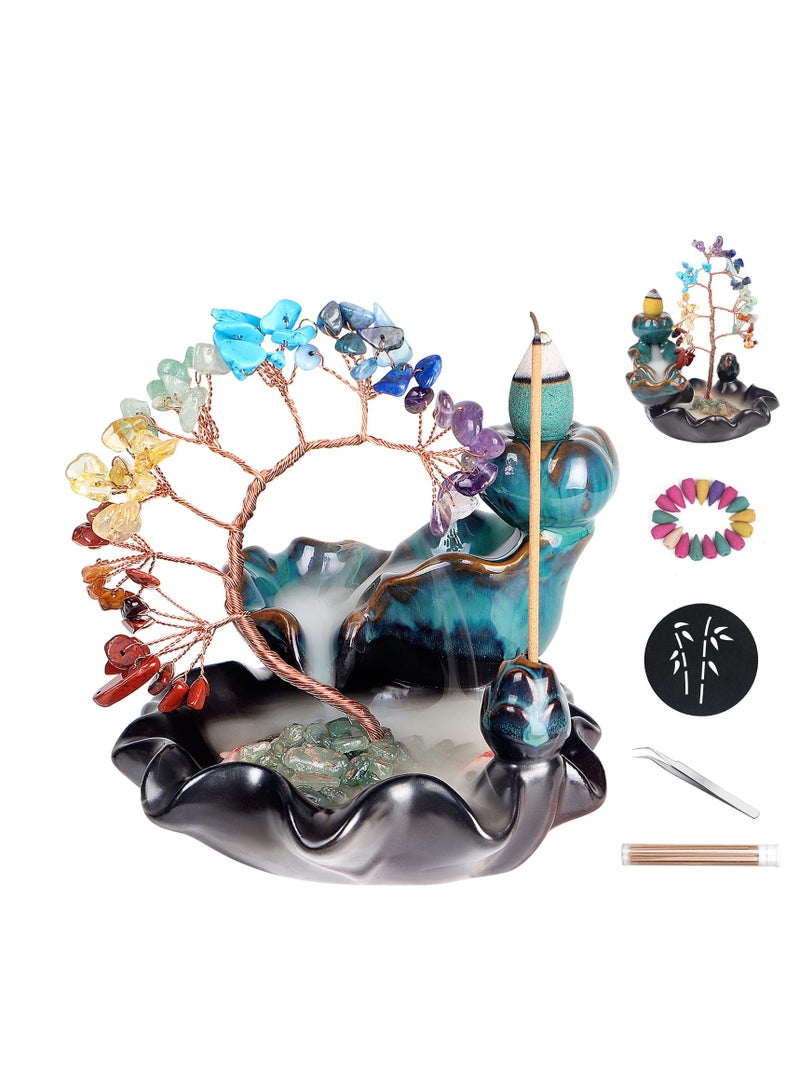 Excefore حامل بخور شلال ماء خزفي، حامل بخور شجرة الكريستال 7 شقرا، ديكور منزلي وتأمل يوجا ناماستي مع 20 مخروط بخور تدفق عكسي و50 عصا بخور - Image 1