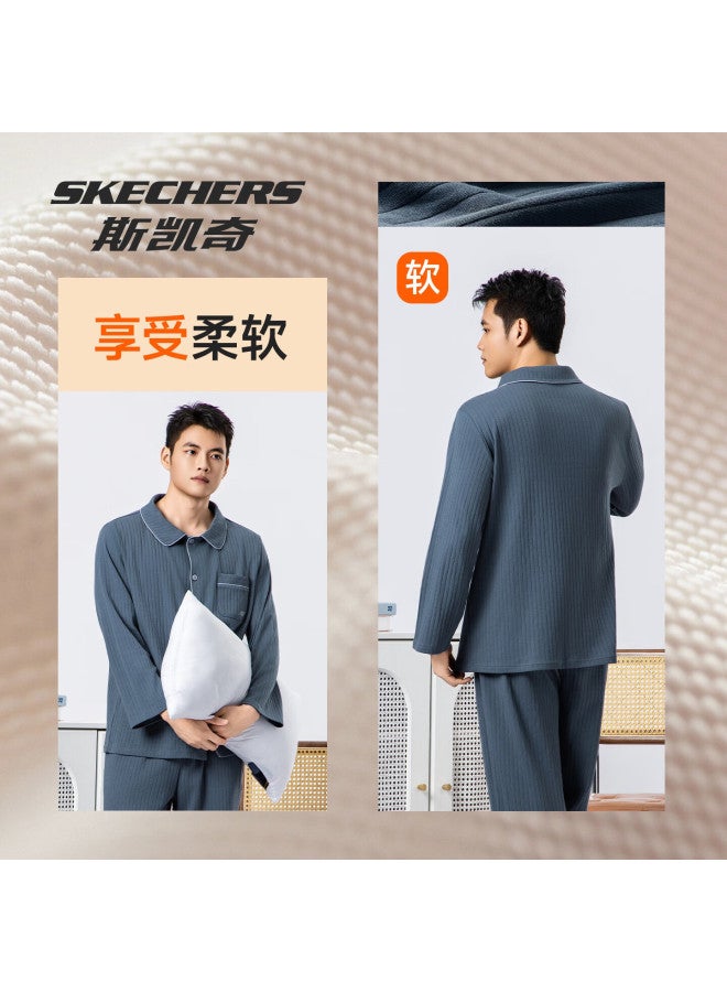 Skechers Men's 100% Cotton Autumn Winter Pajama Set Long Sleeve Cardigan With Lapel Collar And Long Pants Homewear Set