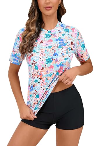 Halcurt Womens 2 Piece Rash Guard Swimsuit Boy Shorts Swim Shirt with Built in Bra Floral S - Image 1