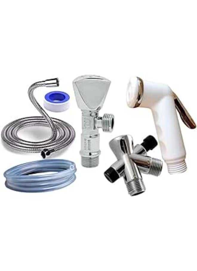 Shams Bidet Sprayer with 1.5m Nickel Hose and Angle Valve with Extra Hose for Bathroom with 5m Hose and Plastic Adapter 