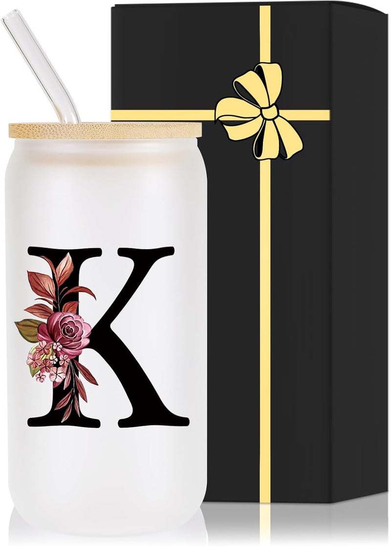 Wulcea Monogrammed Glass Drinking Cup With Lid Straw Mother Day Best Mama Mom Ever from Daughter Son Christmas Xmas Valentines Birthday Groom Gifts Bride Mother In Law Personalized Unique Special Present,K - Image 1