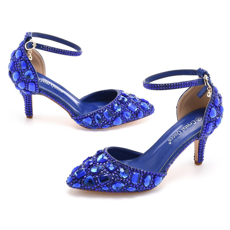 7Cm Large Size Sandals Stiletto Heel Pointed Rhinestone High Heel Sandals Golden Rhinestone High Heels Wedding Shoes - Image 1