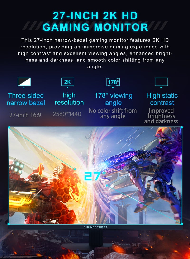 ثوندروبوت شاشة ألعاب 27 بوصة، 2K QHD، 180 هرتز، لوحة Fast IPS سريعة، استجابة 1 ملي ثانية GTG / 0.5 ملي ثانية MPRT، دعم HDR400، دقة ألوان 93% DCI-P3، تقنية Adaptive-Sync لتجربة لعب سلسة، ووضع حماية العين - Image 4