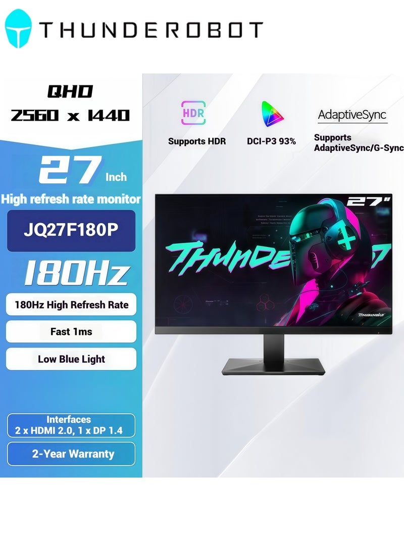 ثوندروبوت شاشة ألعاب 27 بوصة، 2K QHD، 180 هرتز، لوحة Fast IPS سريعة، استجابة 1 ملي ثانية GTG / 0.5 ملي ثانية MPRT، دعم HDR400، دقة ألوان 93% DCI-P3، تقنية Adaptive-Sync لتجربة لعب سلسة، ووضع حماية العين - Image 1