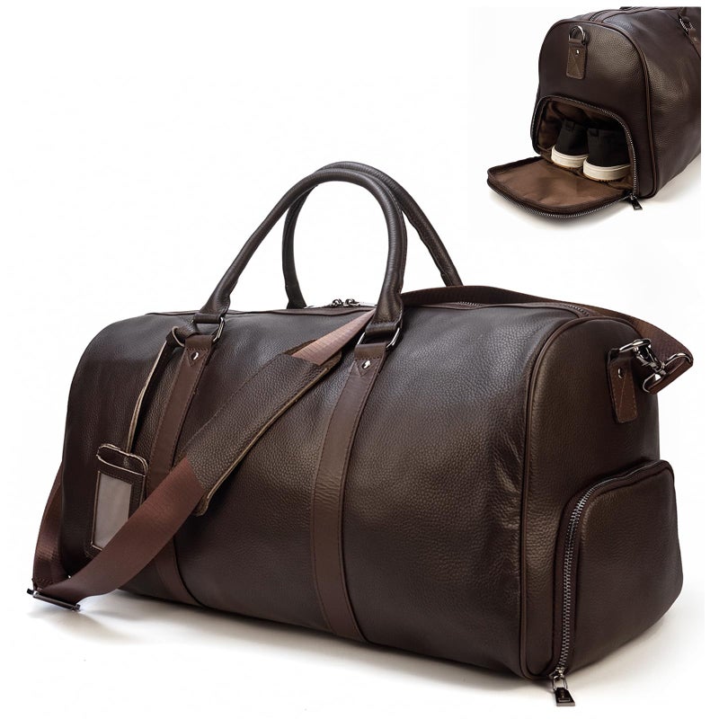LUUFAN Leather Travel Bag Large Capacity Luggage Duffel Bag with Shoe Compartment Men Women Weekend Shoulder Handbag for Holiday Business Trip 55cmBrown - Image 2
