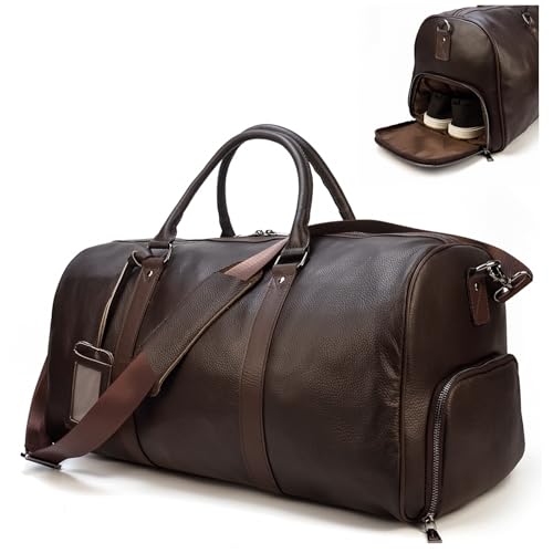 LUUFAN Leather Travel Bag Large Capacity Luggage Duffel Bag with Shoe Compartment Men Women Weekend Shoulder Handbag for Holiday Business Trip 55cmBrown - Image 1