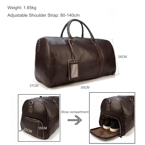 LUUFAN Leather Travel Bag Large Capacity Luggage Duffel Bag with Shoe Compartment Men Women Weekend Shoulder Handbag for Holiday Business Trip 55cmBrown - Image 3