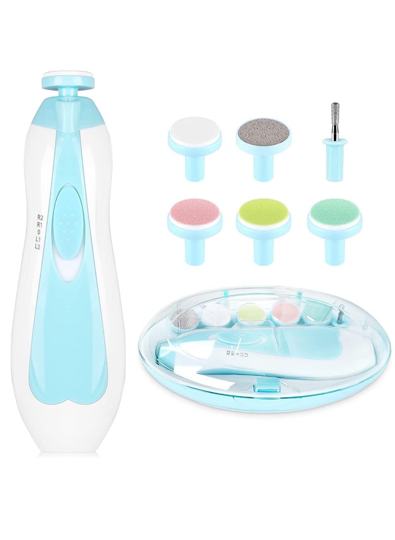 ELTRAZONE Baby Nail Clippers Baby Safe Electric Trimmer Nail File Kit for Newborn Infant Toddler Kids Toes and Fingernails - Care, Polish and Trim - 6 Grinding Heads and LED Light, Blue - Image 1