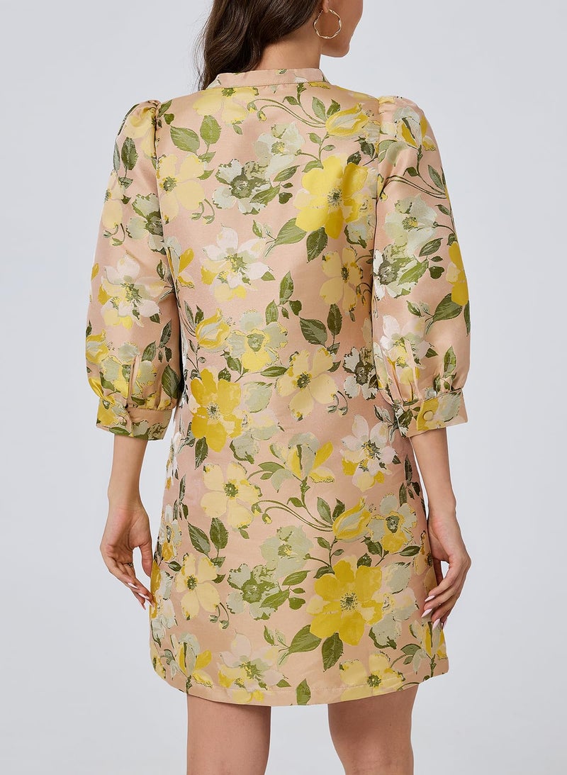 Ladyful Women's Floral Jacquard Shift Dress 2026 Long Puff Sleeve Button Up Elegant Cocktail Party Mini Dress Yellow - Image 3