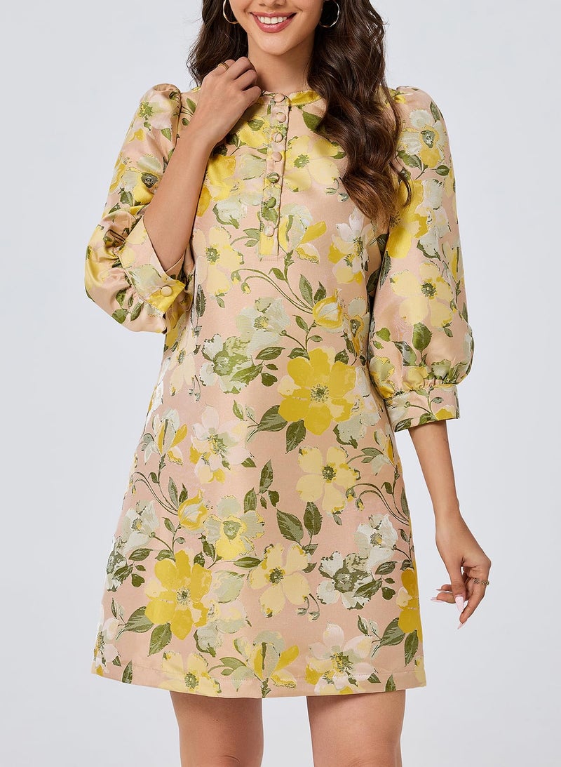 Ladyful Women's Floral Jacquard Shift Dress 2026 Long Puff Sleeve Button Up Elegant Cocktail Party Mini Dress Yellow - Image 2