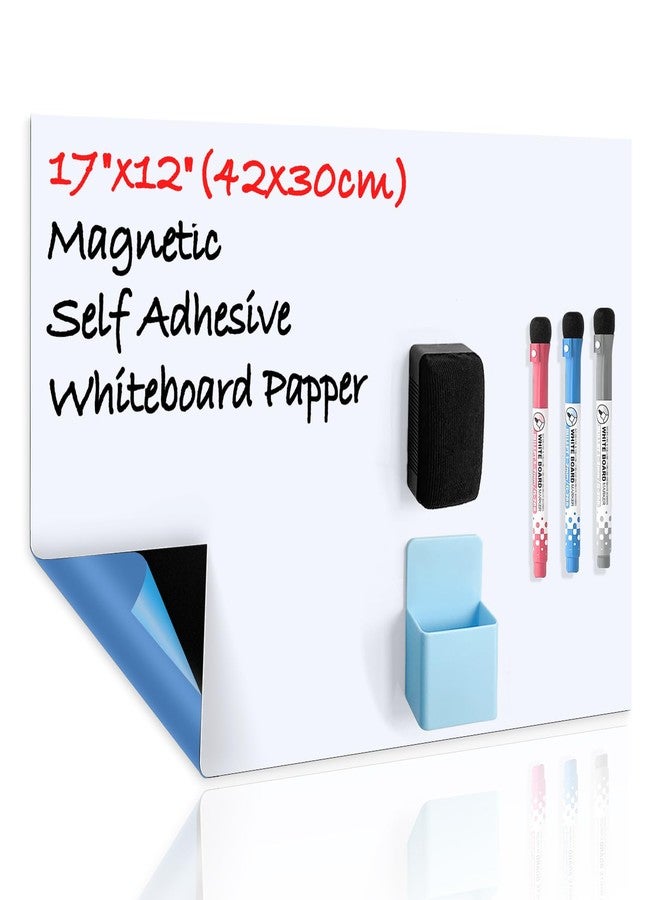 CUHIOY Dry Erase Self Adhesive Magnetic Whiteboard Sticker on Any Smooth Surface, Stain Resistant 17x12 Fridge Whtieboard Magnet Sheet, Used as Weekly Meal Planner Reminder Notice 3 Marker Pens - Image 1