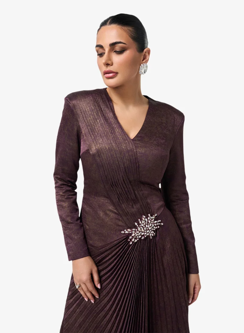 Threadz By Ajooni  Pleated Long Sleeve Maxi Dress for Women | Best Price UAE