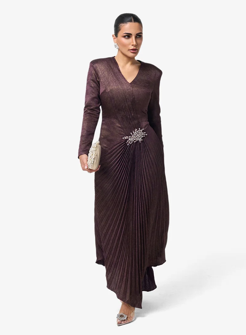 Threadz By Ajooni  Pleated Long Sleeve Maxi Dress for Women | Best Price UAE