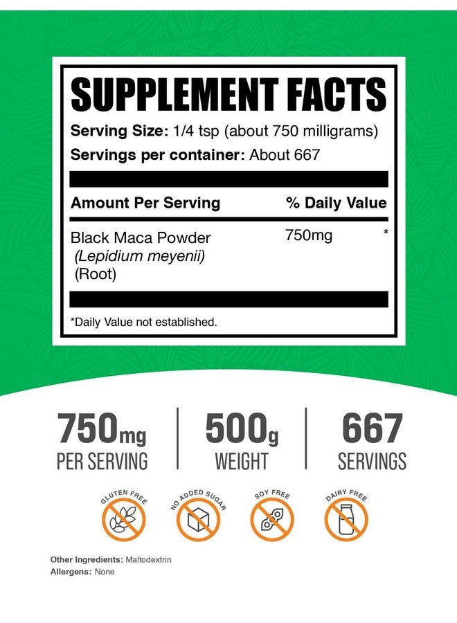BulkSupplements مسحوق ماكا الأسود من بولك سابليمنتس - مكمل ماكا، من جذر ماكا الأسود - ماكا خام سوداء، للرجال والنساء - نباتي، خالي من الغلوتين، 750 ملغ لكل حصة، 500 غرام (1.1 رطل) (عبوة واحدة) - Image 2