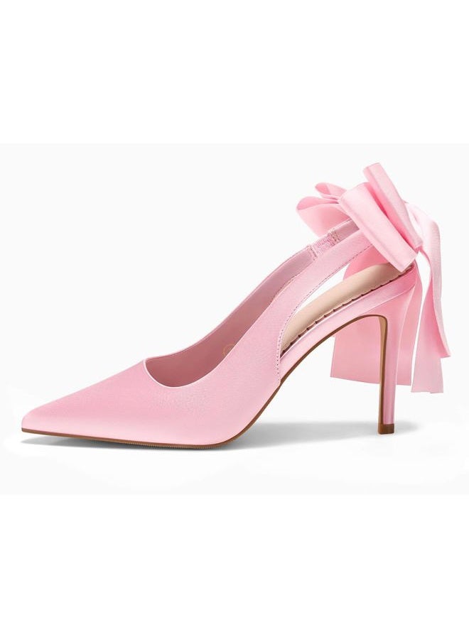 Coutgo Womens Slingback High Heels with Bow Closed Pointed Toe Wedding Bride Dress Shoes Satin Pumps, Pink, 9.5 - Image 4