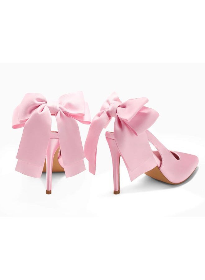 Coutgo Womens Slingback High Heels with Bow Closed Pointed Toe Wedding Bride Dress Shoes Satin Pumps, Pink, 9.5 - Image 5