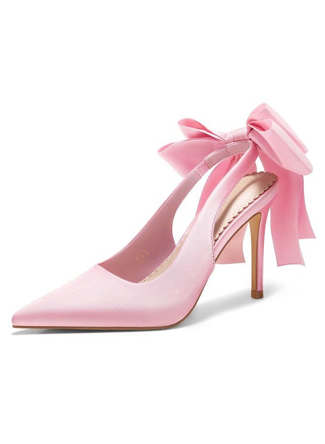 Coutgo Womens Slingback High Heels with Bow Closed Pointed Toe Wedding Bride Dress Shoes Satin Pumps, Pink, 9.5 - Image 1
