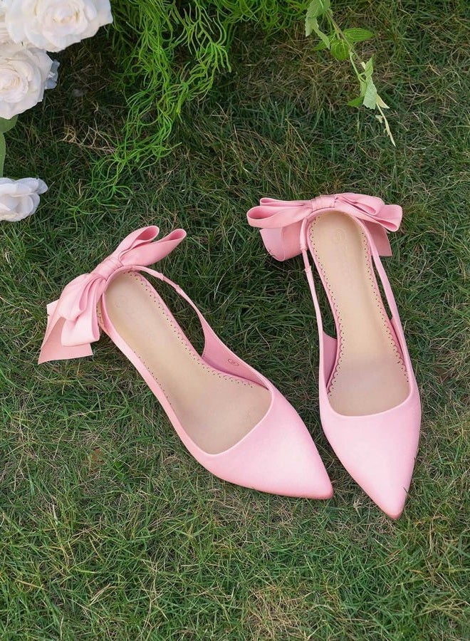 Coutgo Womens Slingback High Heels with Bow Closed Pointed Toe Wedding Bride Dress Shoes Satin Pumps, Pink, 9.5 - Image 3