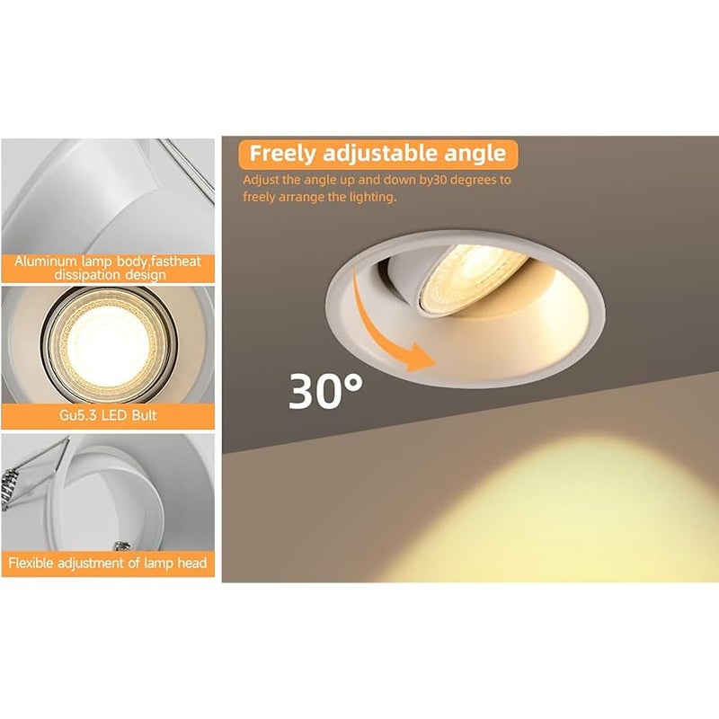 V.Nice 6-Pack Round LED Recessed Downlight Housing – White Adjustable 30° Ceiling Spotlight Trim, GU5.3 Aluminium Frame, Flush Mount Fixture for Modern UAE Lighting Projects (Bulbs Not Included) - Image 3