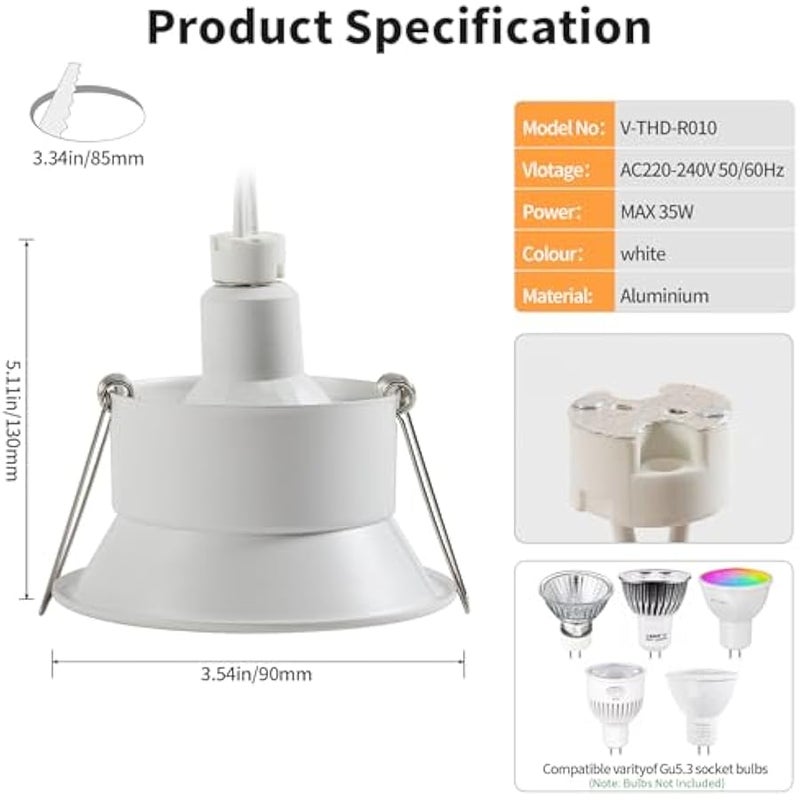 V.Nice 6-Pack Round LED Recessed Downlight Housing – White Adjustable 30° Ceiling Spotlight Trim, GU5.3 Aluminium Frame, Flush Mount Fixture for Modern UAE Lighting Projects (Bulbs Not Included) - Image 2